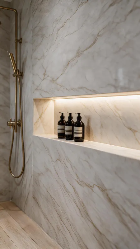 Concept render of a shower niche lined with the same slab