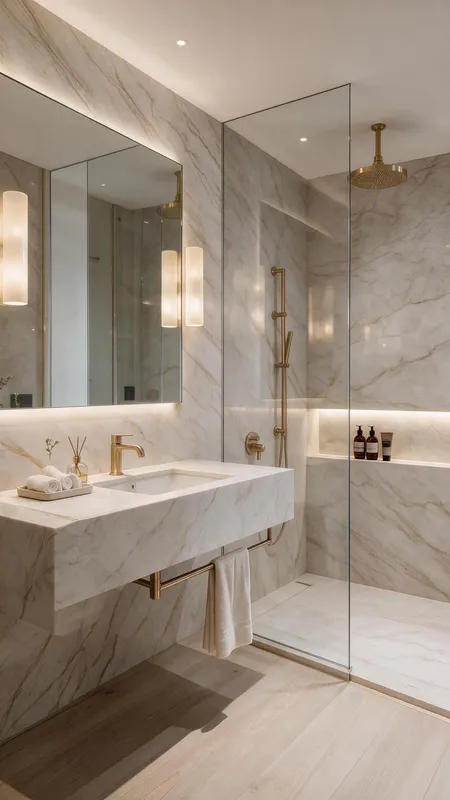 Concept render of a bathroom with stone-look walls and vanity and a light wood floor