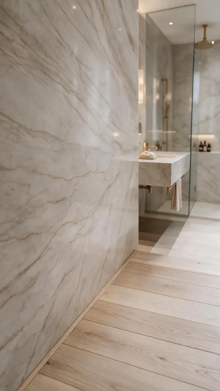 Concept render of a stone-look wall meeting a light wood floor
