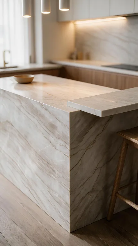 Concept render of a kitchen island with mitred waterfall edges