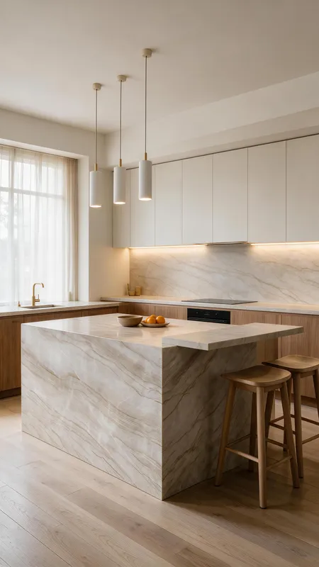 Concept render of a kitchen with a stone-look island and back wall